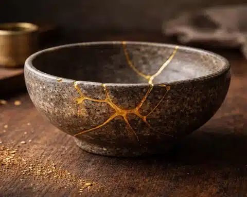 bol en kintsugi sur surface rustique